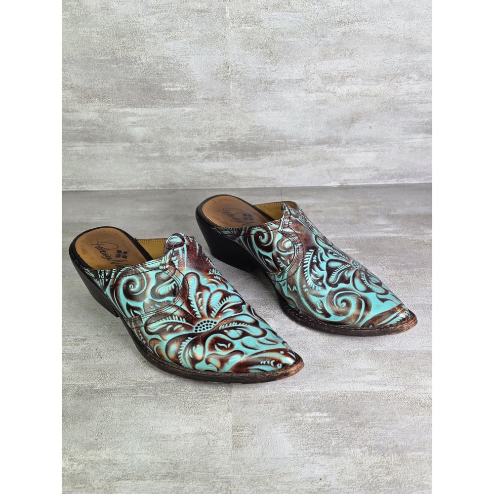 Patricia Nash BATTISTA Mules Shoes US 7 Floral Turquoise Brown Leather Cowgirl